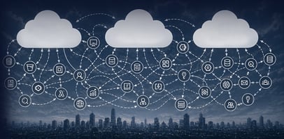 Three white clouds linked by dashed arrows to a network of circular icons for databases, SQL, security, analytics, serverless functions, and users, floating above a city skyline at dusk. The image represents data and workloads moving across multiple cloud environments.