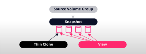 Diagram of a source volume group with two databases and two log volumes, for a total of four volumes. A snapshot reflects all four volumes. A view points to all four volumes in the snapshot. A thin clone refers to only one database, therefore one volume.