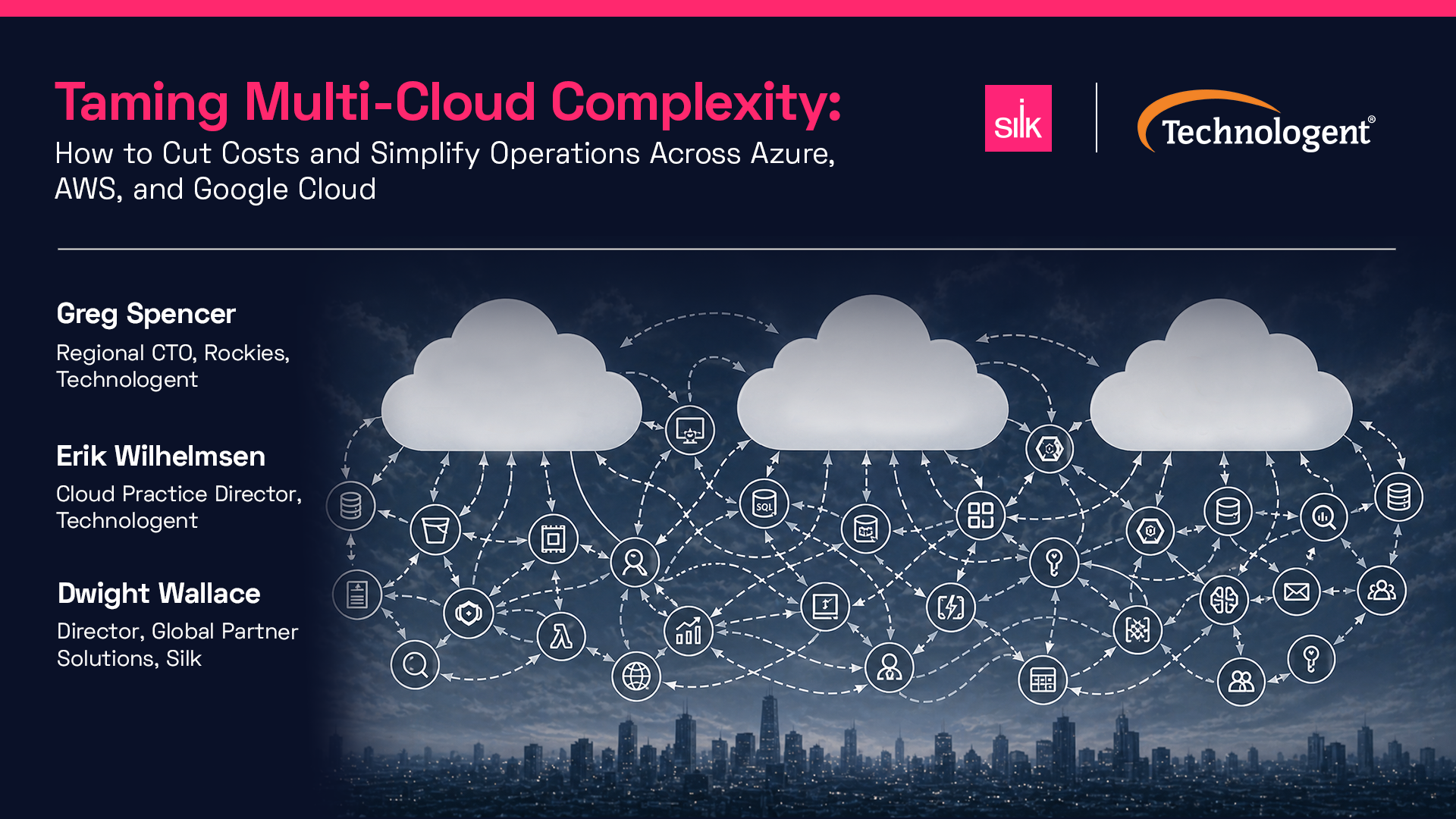Webinar banner titled “Taming Multi-Cloud Complexity: How to Cut Costs and Simplify Operations Across Azure, AWS, and Google Cloud,” featuring Silk and Technologent logos. Speakers listed are Greg Spencer, Regional CTO, Rockies, Technologent; Erik Wilhelmsen, Cloud Practice Director, Technologent; and Dwight Wallace, Director, Global Partner Solutions, Silk. The background shows three cloud icons connected by many dotted arrows and technology symbols above a city skyline, representing complex multi-cloud infrastructure.
