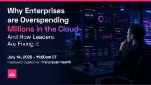 Webinar banner for Silk reading, “Why Enterprises are Overspending Millions in the Cloud — And How Leaders Are Fixing It.” The banner promotes a July 14, 2026, 11:00am ET event featuring customer Franciscan Health. On the right, a business leader views dark cloud financial dashboards showing cloud spend, cost trends, resource utilization, alerts, anomalies, and optimization opportunities in a data center setting.
