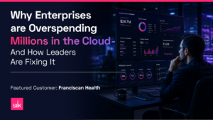 Webinar banner for Silk reading, “Why Enterprises are Overspending Millions in the Cloud — And How Leaders Are Fixing It.” The banner promotes a July 14, 2026, 11:00am ET event featuring customer Franciscan Health. On the right, a business leader views dark cloud financial dashboards showing cloud spend, cost trends, resource utilization, alerts, anomalies, and optimization opportunities in a data center setting.