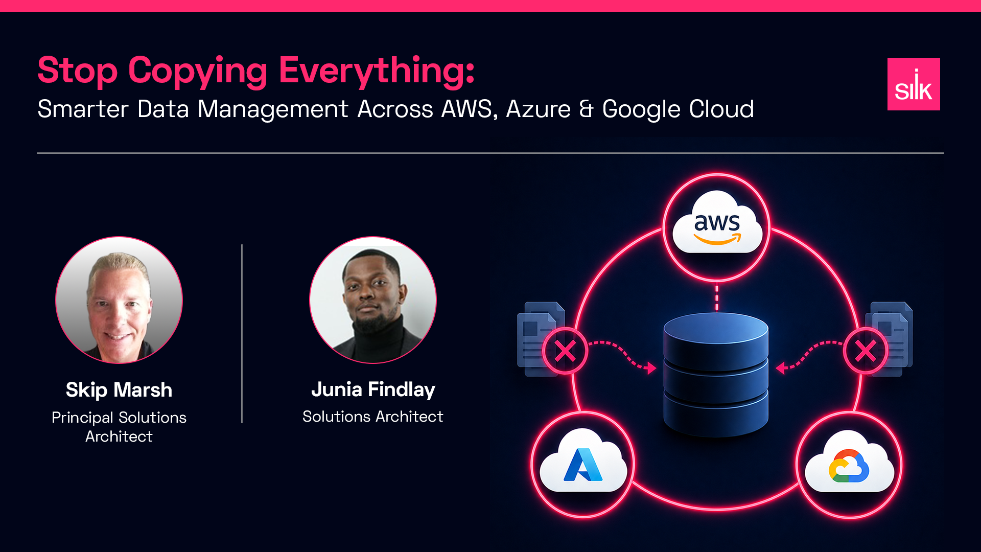 Webinar banner for Silk titled ‘Stop Copying Everything: Smarter Data Management Across AWS, Azure & Google Cloud,’ featuring speakers Skip Marsh and Junia Findlay alongside a graphic showing AWS, Azure, and Google Cloud connected to centralized data storage.