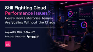Web banner promoting an August 25, 2026 webinar titled 'Still Fighting Cloud Performance Issues? Here's How Enterprise Teams Are Scaling Without the Chaos,' featuring customer eToro and the Silk logo. Background shows a man presenting cloud infrastructure dashboards with system health, latency, and capacity metrics to two colleagues in a modern office.