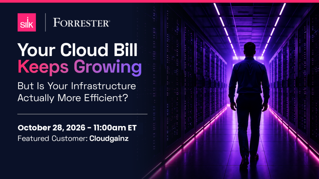 Promotional web banner for a Silk webinar titled "Your Cloud Bill Keeps Growing — But Is Your Infrastructure Actually More Efficient?" Event details show August 18, 2026 at 11:00am ET, with featured customer Cloudgainz. The Silk logo appears in the bottom left corner on a pink background. The right side features a dramatic photo of a person walking away from the camera down a long data center corridor lined with server racks illuminated by purple and pink neon lighting.
